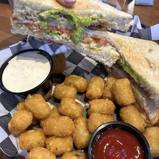 Turkey bacon avocado smash + tots