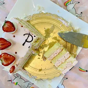Everyone loved the Champagne Cake with Strawberry Custard Cream and Buttercream Frosting with White Chocolate
