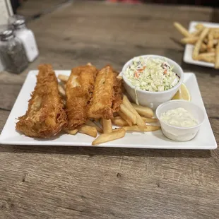 Fish &amp; Chips. Also comes with a side salad or cup of soup.