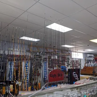 fishing rods hanging from the ceiling