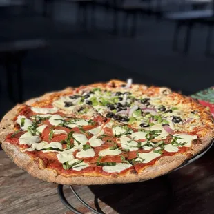 Large half Margherita Pizza and Supreme Batastrophe with no meat