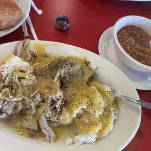 Turkey, mashed potatoes, dressing and beef barley soup