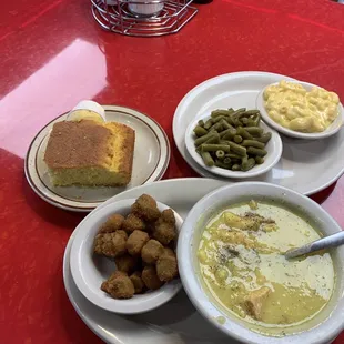 Chicken and dumplings, okra, green beans, Mac &amp; cheese, and cornbread.