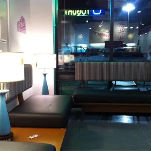 a couch and a table in a restaurant