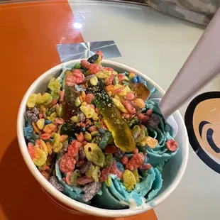 #12 Blue Crush with fruit pebbles and gummy worms