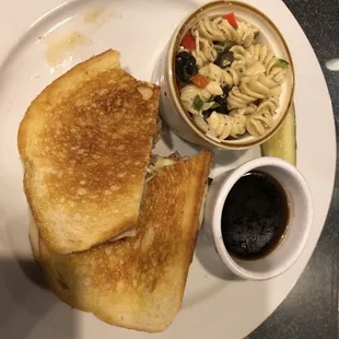 French Dip Panini, pasta salad