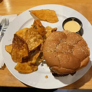 Black n Blue burger with homemade potato chips!