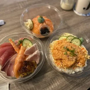 Sake Don (top), Chirashi (left), Volcano Don (right)