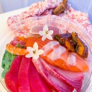 A close up shot of Fremont Bowl&apos;s chirashi. Sashimi is super fresh!