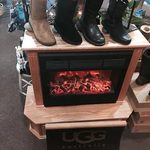 Uggs on a fireplace