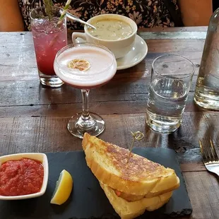 Grilled cheese with smoked salmon and seafood chowder