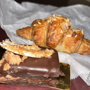 Almond cream croissant; fudgy chocolate mousse bar