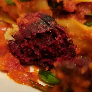 Interior of "meatball" in the vegan Bolognese &amp; meatballs, vegan by default ($22). Tasty.