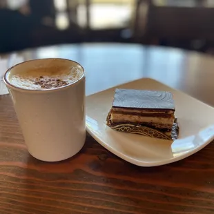 Cappuccino and Opera pastry.
