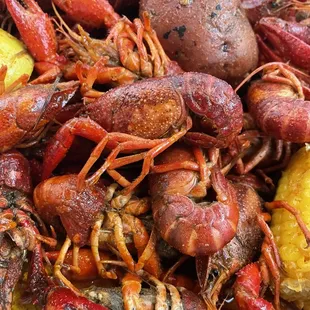 crawfish, potatoes, and corn