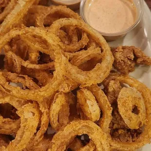 Fried onion rings and alligator nuggets. My favorite.