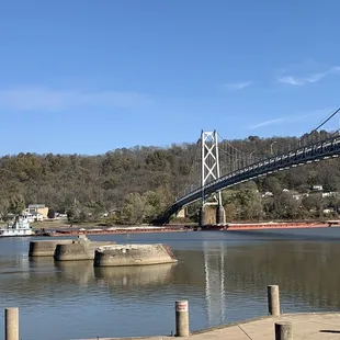 Beautiful view of river, barge and bridge