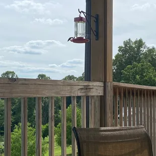 a patio with a bird feeder