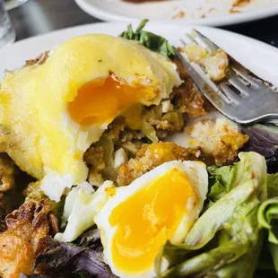 Fried green tomatoes w poached eggs and potato pancake