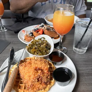 Chicken and waffles with greens. Shrimp and grits and cornflakes French toast.