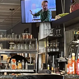 a television in a restaurant