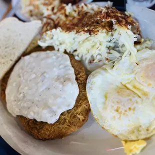 Chicken Country Fried Steak with eggs &amp; Hashbrowns at French Valley Cafe