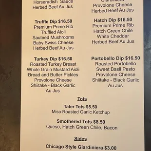 Frenchie's dip and tots menu
