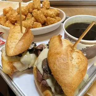 Truffle Dip: Premium Prime Rib, Truffled Aioli, Sauteed Mushrooms, Baby Swiss Cheese, Herbed Beef Au Jus, and Tater Tots