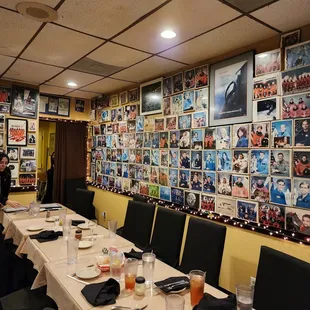 a long table with plates and glasses