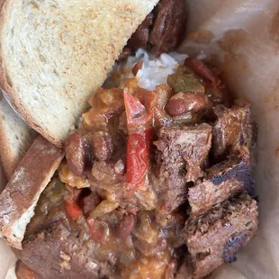 Red beans rice and beyond sausage and toast