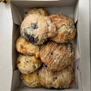 a box of blueberry scones