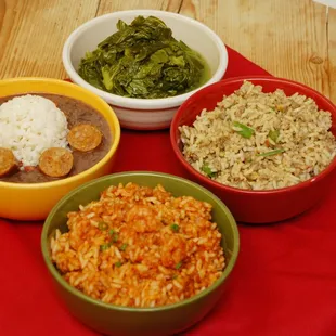 Four of our fantastic sides; Collard Greens, Dirty Rice, Red Beans &amp; Rice, Jambalaya.