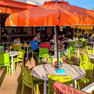 Dining patio with umbrellas