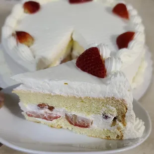 A just because cake. No special day needed for this delicious strawberry shortcake style. So moist, not too sweet and fresh strawberries.