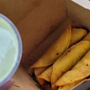 Chicken flautas with poblano ranch. It comes with 4.
