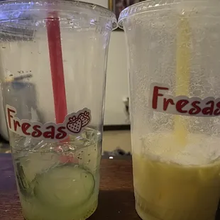 Cucumber lime and pina colada Aguas Frescas.  They didn&apos;t make the drive home! Delicious