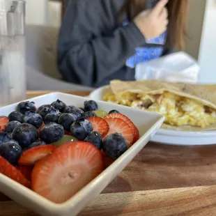 Ham and egg tacos with fruit bowl!