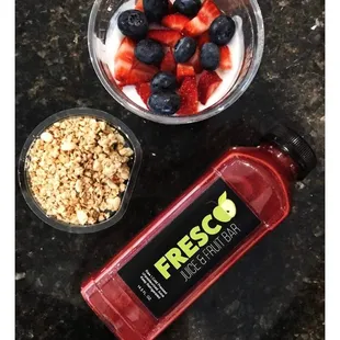 Yogurt Parfait and Detox II cold pressed juice