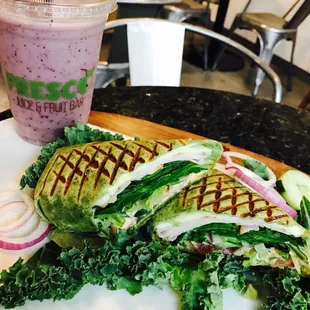 a sandwich and a smoothie