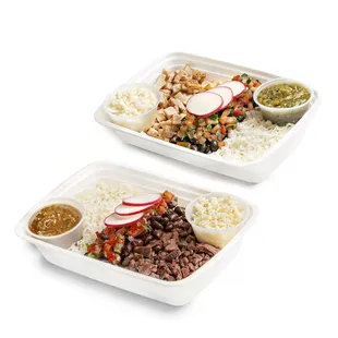 two takeout containers with rice, beans, and vegetables