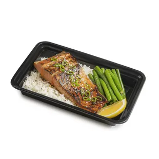 salmon and asparagus on a tray