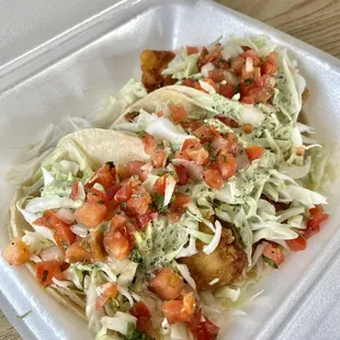 Crunchy batter fried fish tacos
