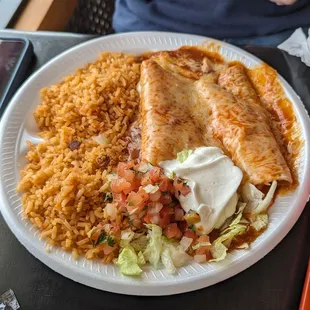 Two cheese enchiladas with double portion of rice