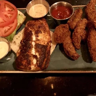 Blackened Mahi Sandwich and portobello Fries