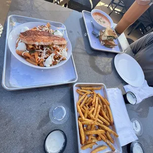 Baked penne with salmon grilled caprese tomatoe bisque  and fries