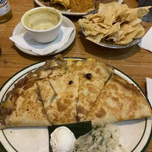 Quesadilla and brisket tacos