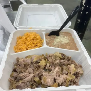 Asked for double rice and a fork, but I only got a spoon and beans with sad looking carnitas.