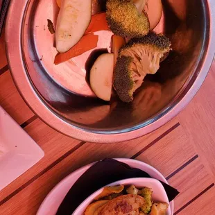 Veggie side for me, and uncooked veggie side for the pup