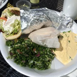 Lamb gyro, tabouli salad, hummus, and pita. Yummy!