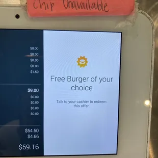 Even though it's says free burger, cashier did not honor this and refused to give me a free burger.